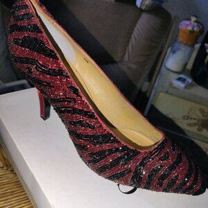 Caparros Red Black Sequin Heels Pumps Stiletto Pointed Toe Glam Party Evening